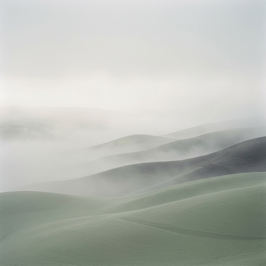 Landscape with rolling hills and misty atmosphere